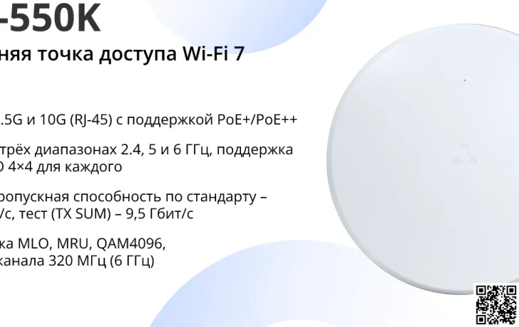 Wi-Fi 7 от ELTEX: серийный выпуск российской точки доступа WEP-550K стартует в апреле Wi-Fi 7 от ELTEX: серийный выпуск российской точки доступа WEP-550K стартует в апреле